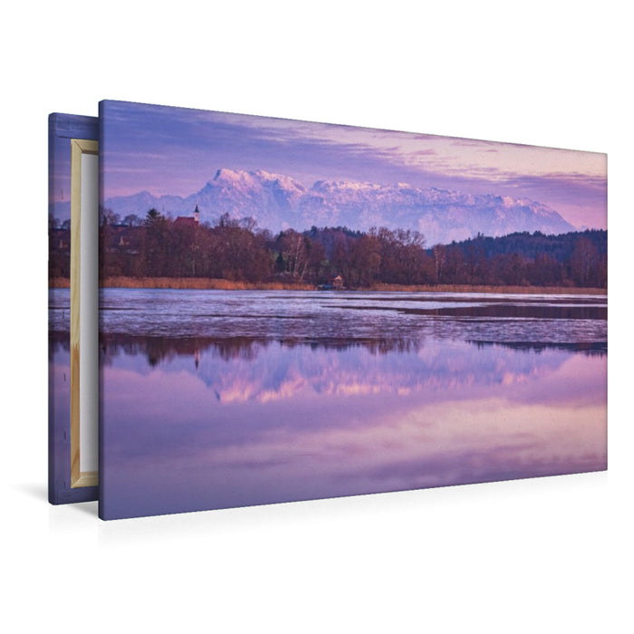 Premium Textil-Leinwand Abtsdorfer See mit Berchtesgadener Alpen