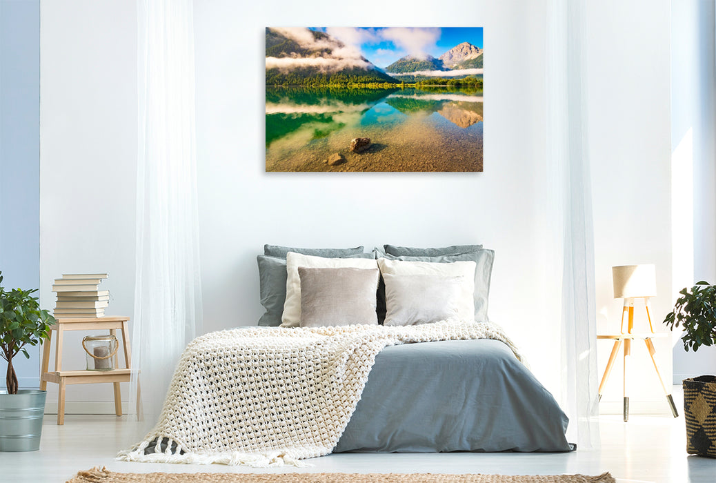 Premium Textil-Leinwand Heiterwanger See mit Lechtaler Alpen