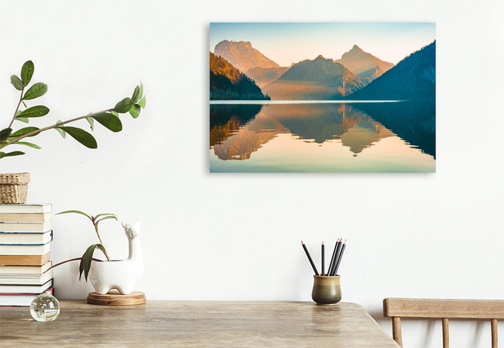 Premium Textil-Leinwand Traunsee mit Traunstein und Totem Gebirge