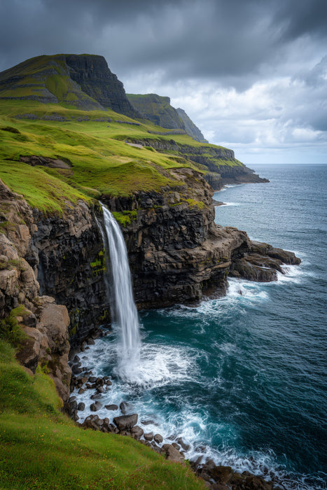 Premium Textil-Leinwand Färöer – Múlafossur Wasserfall