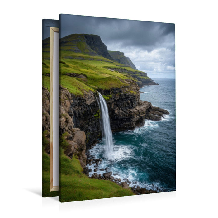 Premium Textil-Leinwand Färöer – Múlafossur Wasserfall