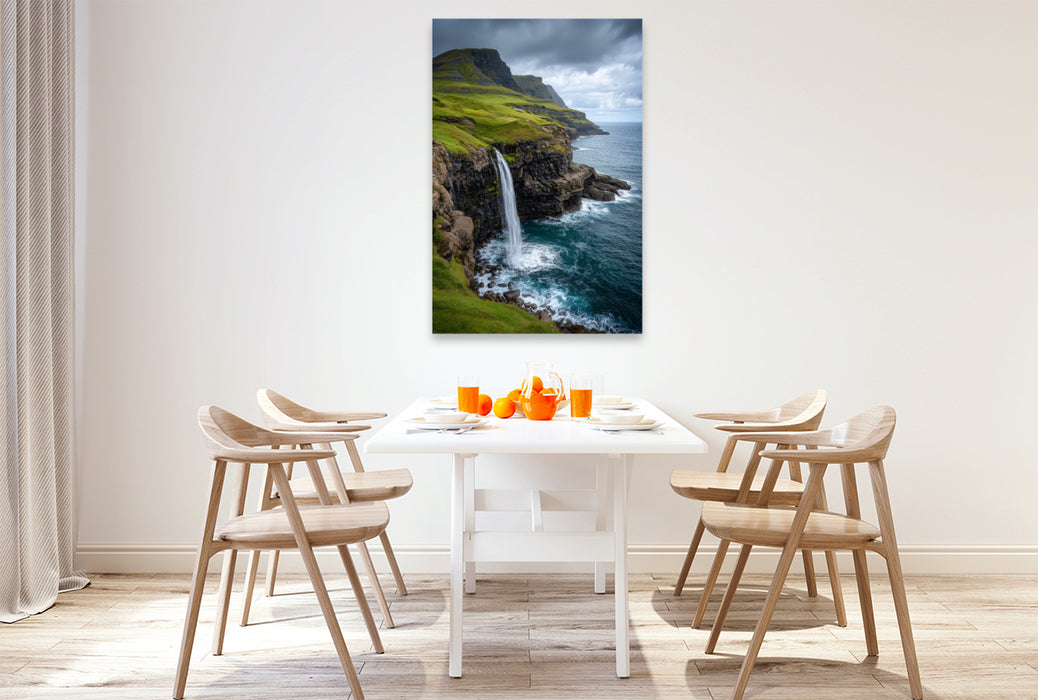 Premium Textil-Leinwand Färöer – Múlafossur Wasserfall