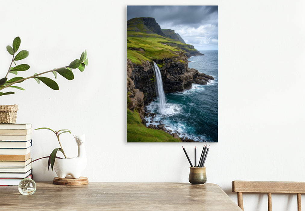 Premium Textil-Leinwand Färöer – Múlafossur Wasserfall