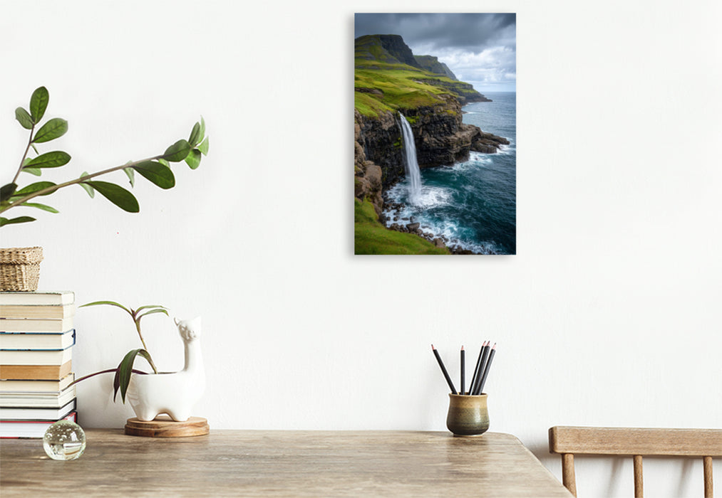 Premium Textil-Leinwand Färöer – Múlafossur Wasserfall