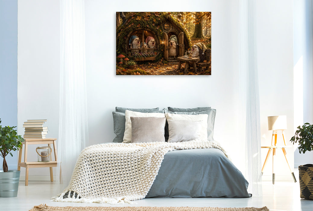 Premium Textil-Leinwand Guten Morgen im Igelhäuschen