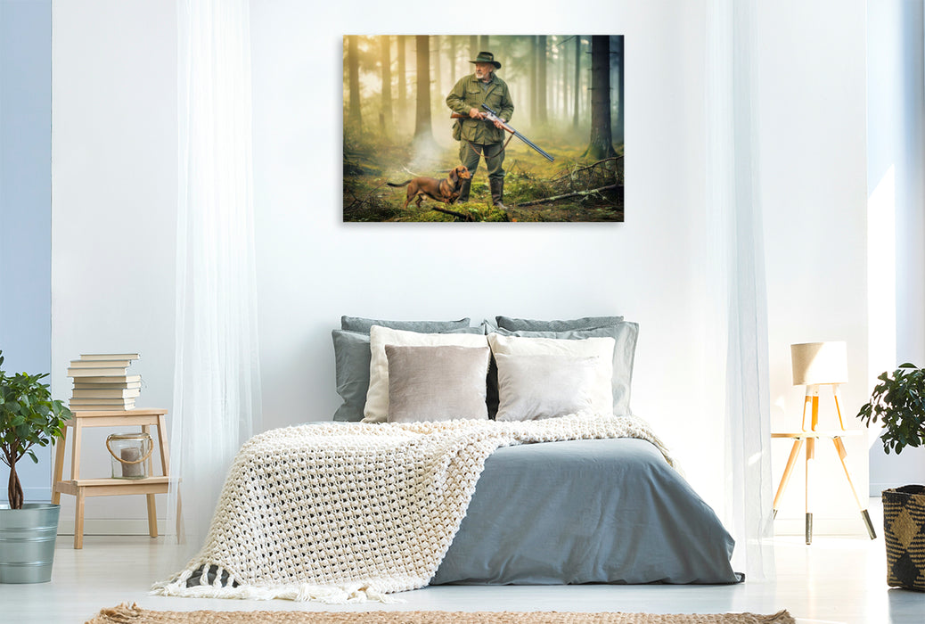 Premium Textil-Leinwand Im Schweigen der Bäume — findet der Jäger Klarheit.