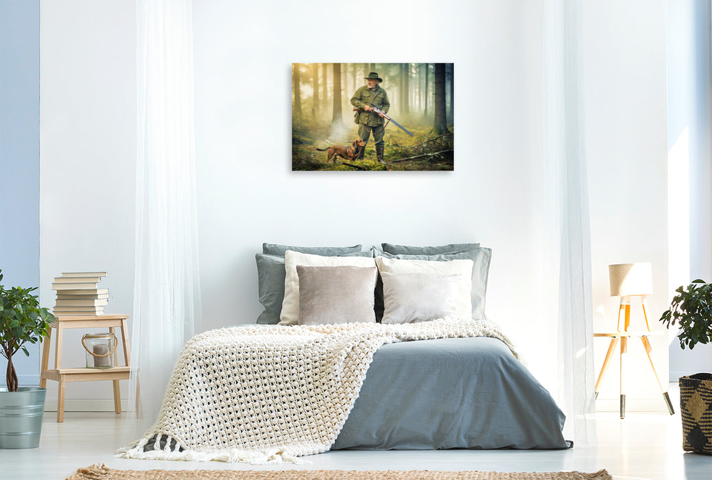 Premium Textil-Leinwand Im Schweigen der Bäume — findet der Jäger Klarheit.