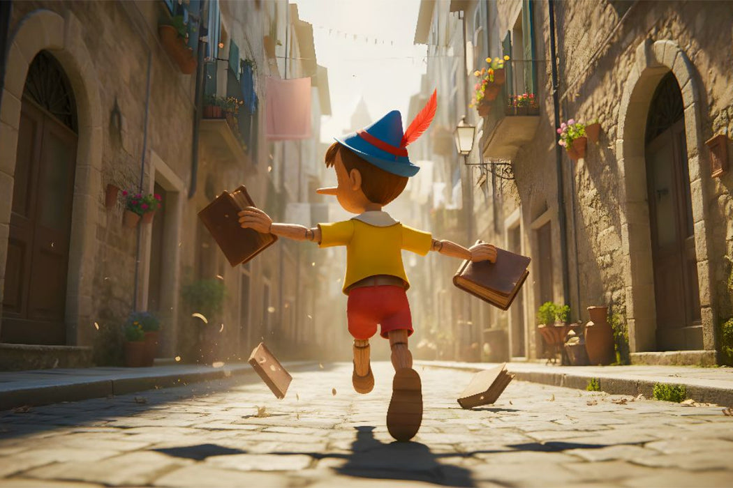 Premium Textil-Leinwand Pinocchio rennt lachend vor der Schule
