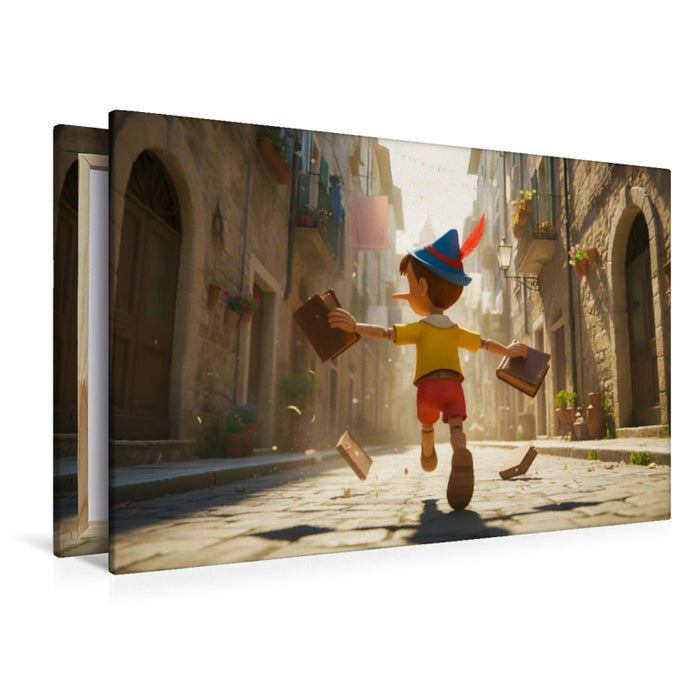 Premium Textil-Leinwand Pinocchio rennt lachend vor der Schule