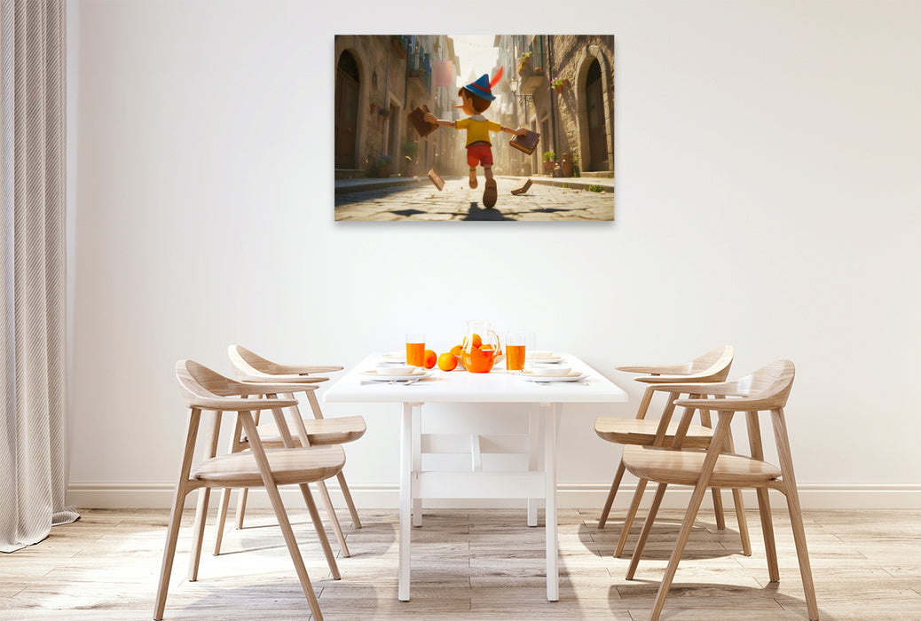 Premium Textil-Leinwand Pinocchio rennt lachend vor der Schule