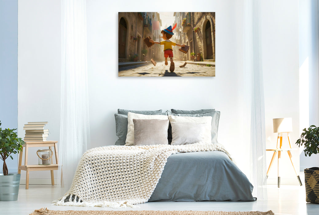 Premium Textil-Leinwand Pinocchio rennt lachend vor der Schule