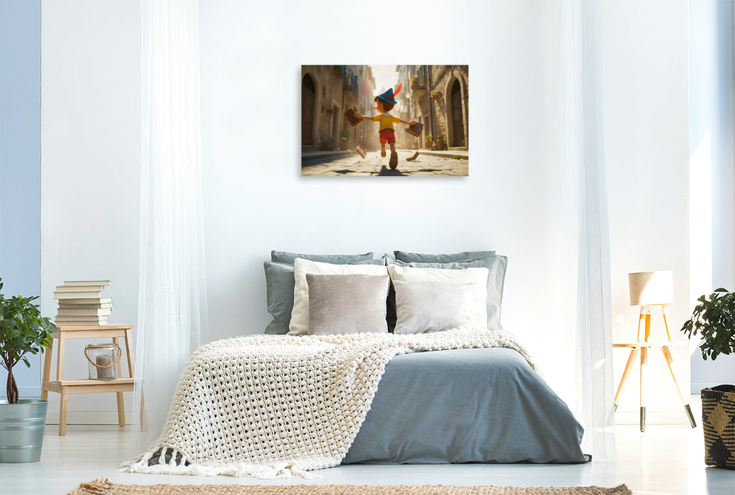 Premium Textil-Leinwand Pinocchio rennt lachend vor der Schule