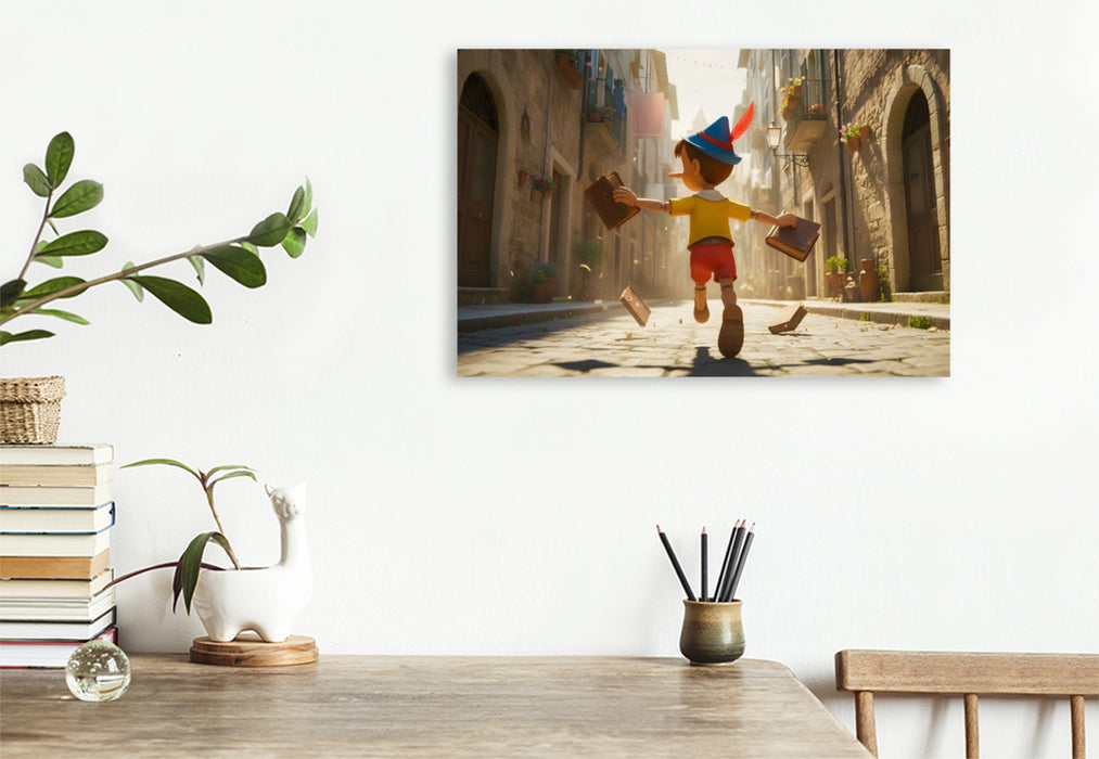 Premium Textil-Leinwand Pinocchio rennt lachend vor der Schule