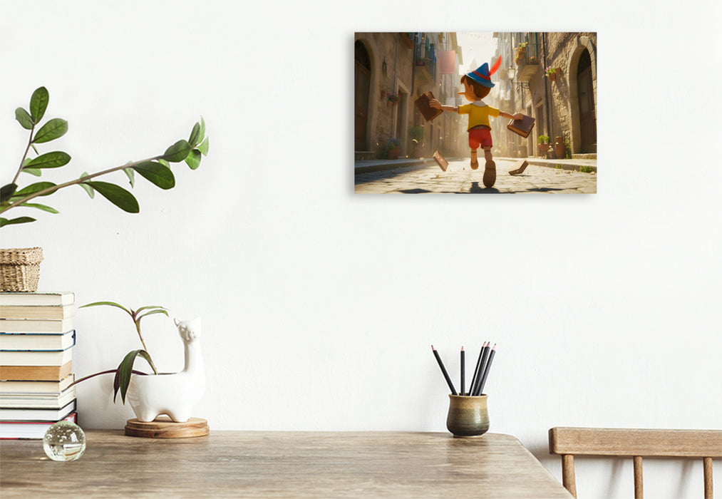 Premium Textil-Leinwand Pinocchio rennt lachend vor der Schule