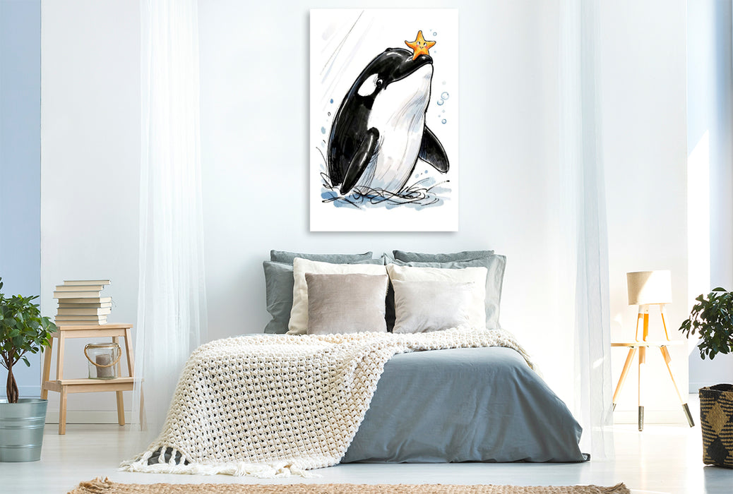 Premium Textil-Leinwand Orka mit Seestern - Verspielte Momente im Ozean