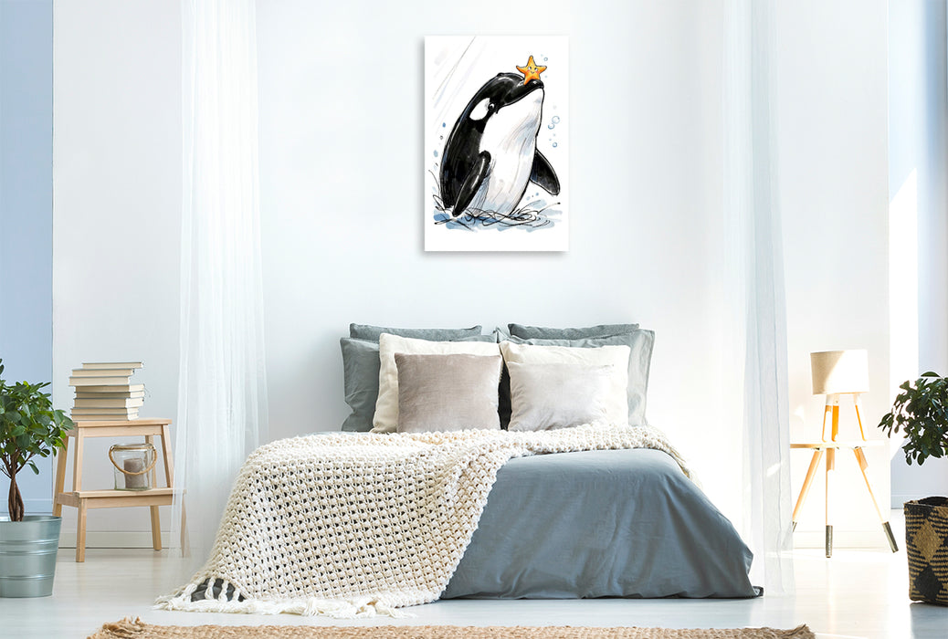 Premium Textil-Leinwand Orka mit Seestern - Verspielte Momente im Ozean