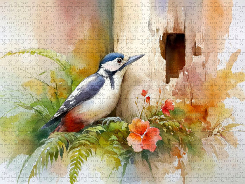Ein Buntspecht zimmert an einem neuen Zuhause - CALVENDO Foto-Puzzle'