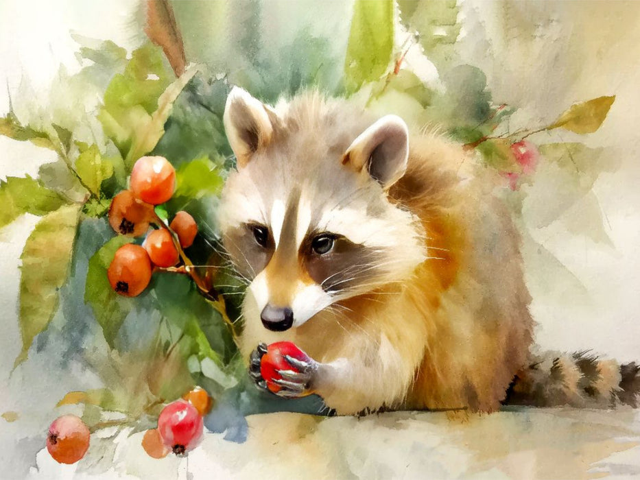 Ein Waschbär vernascht leuchtend roten Beeren - CALVENDO Foto-Puzzle'