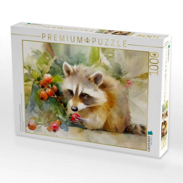 Ein Waschbär vernascht leuchtend roten Beeren - CALVENDO Foto-Puzzle'