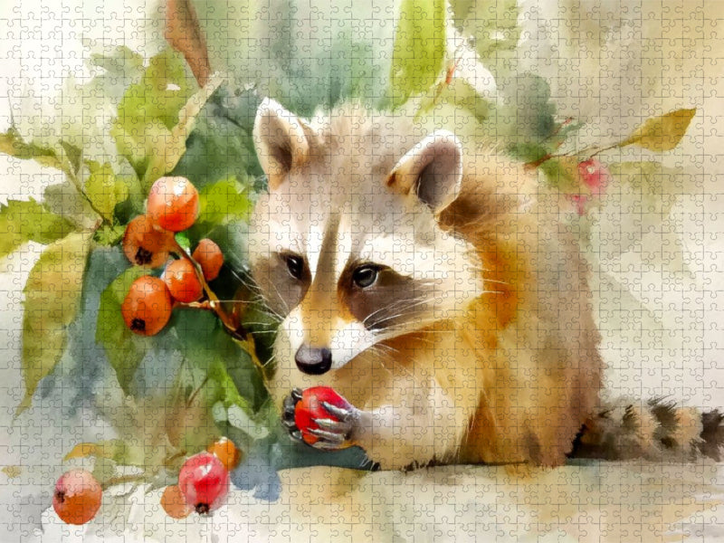 Ein Waschbär vernascht leuchtend roten Beeren - CALVENDO Foto-Puzzle'