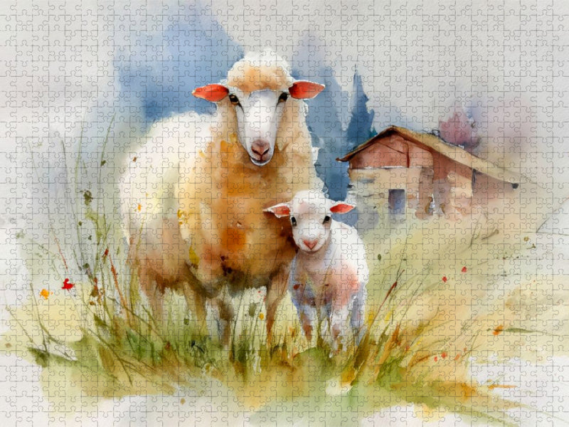 Ein Schaf behütet liebevoll ihr Lamm - CALVENDO Foto-Puzzle'