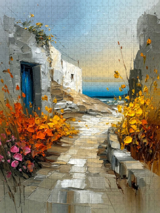 Ein antiker Pfad auf Delos, gesäumt von niedrigen Steinmauern und wilden Frühlingsblumen - CALVENDO Foto-Puzzle'