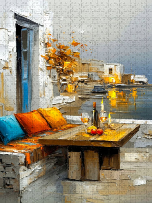 Eine Terrasse auf Mykonos mit Blick auf den Hafen - CALVENDO Foto-Puzzle'
