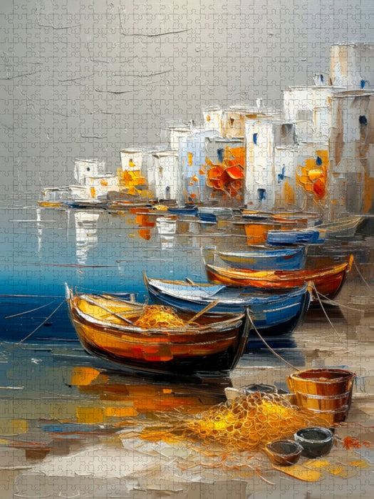 Blick auf einen ägäischen Fischerhafen voller bunter Holzboote - CALVENDO Foto-Puzzle'