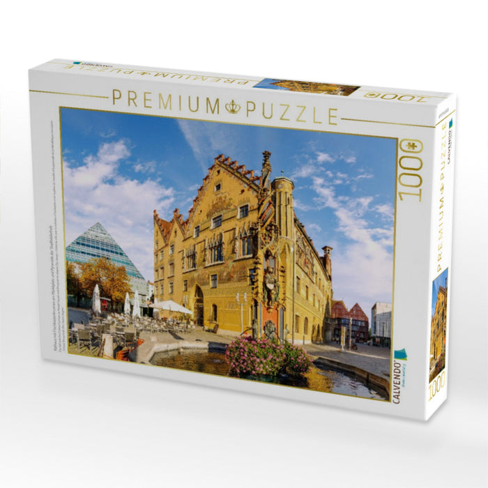 Rathaus mit Fischkastenbrunnen am Marktplatz und Pyramide der Stadtbibliothek - CALVENDO Foto-Puzzle'
