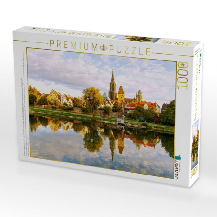 Donauschwabenufer mit historischen Häusern Unter der Metzig, Stadtbibliothek, Ulmer Münster und Metzgerturm - CALVENDO Foto-Puzzle'
