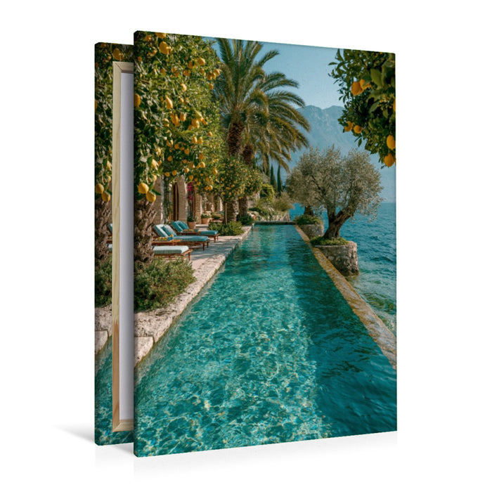 Premium Textil-Leinwand Gardasee – Dolce Vita zwischen Palmen und Bergen