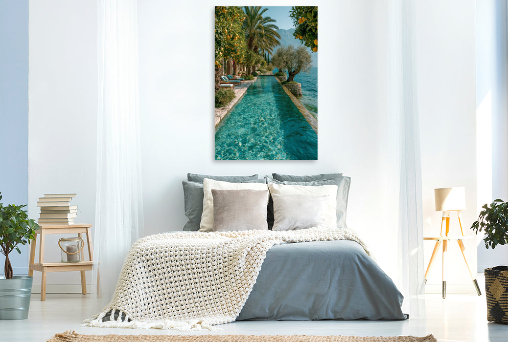 Premium Textil-Leinwand Gardasee – Dolce Vita zwischen Palmen und Bergen