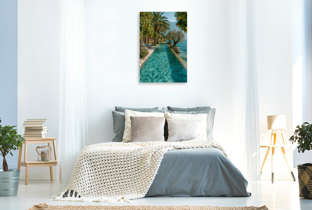 Premium Textil-Leinwand Gardasee – Dolce Vita zwischen Palmen und Bergen