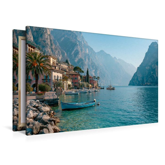 Premium Textil-Leinwand Nördlicher Gardasee – Winterliche Klarheit und alpine Ruhe