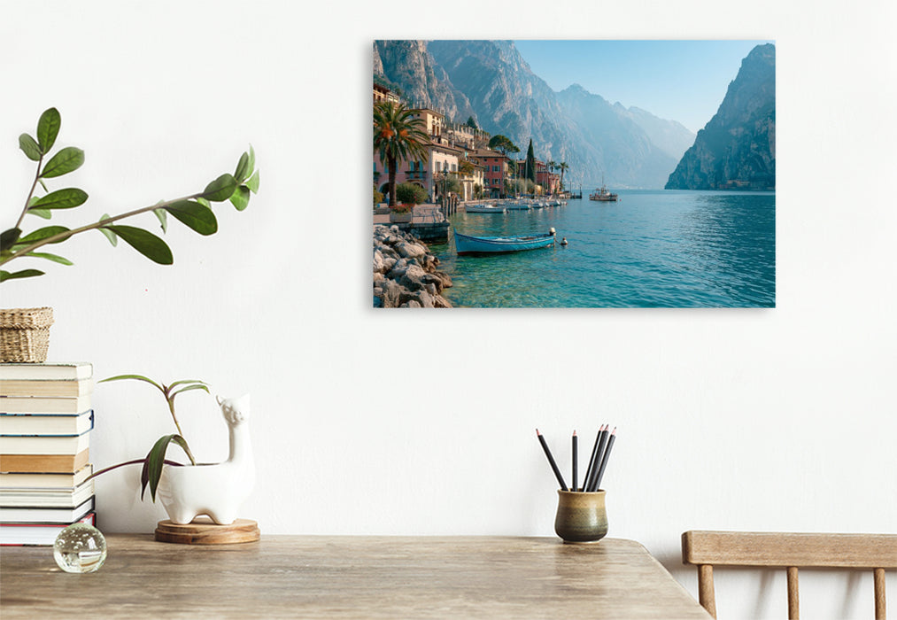 Premium Textil-Leinwand Nördlicher Gardasee – Winterliche Klarheit und alpine Ruhe