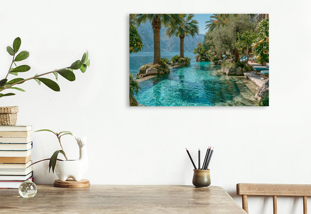 Premium Textil-Leinwand Gardasee – Mediterrane Gärten voller Frühlingslicht