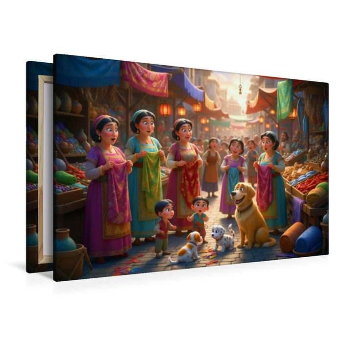 Premium Textil-Leinwand Bunte Stoffe und Neuigkeiten - Szene auf dem orientalischen Markt