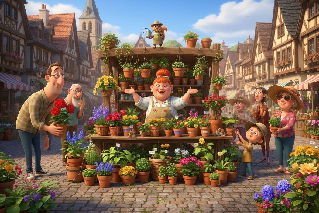 Premium Textil-Leinwand Grüne Daumen bevorzugt - Blumenhändlerin auf dem Markt