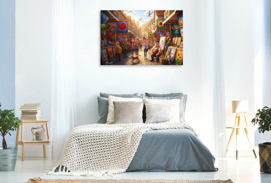 Premium Textil-Leinwand Kunst ist Ansichtssache - Kitschige Kunsthändler auf dem Markt