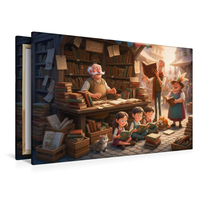 Premium Textil-Leinwand Traumland für Leseratten - Buchhändler auf dem Markt