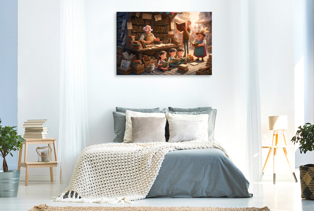 Premium Textil-Leinwand Traumland für Leseratten - Buchhändler auf dem Markt