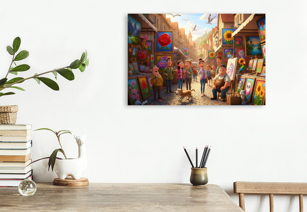 Premium Textil-Leinwand Kunst ist Ansichtssache - Kitschige Kunsthändler auf dem Markt