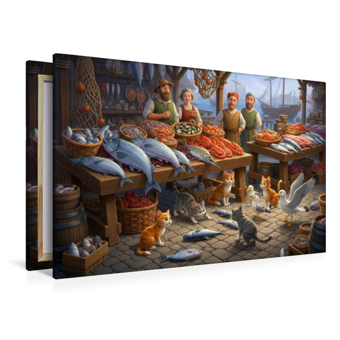 Premium Textil-Leinwand Guter Fang am Morgen - Katzen und Möwen am Fischmarkt
