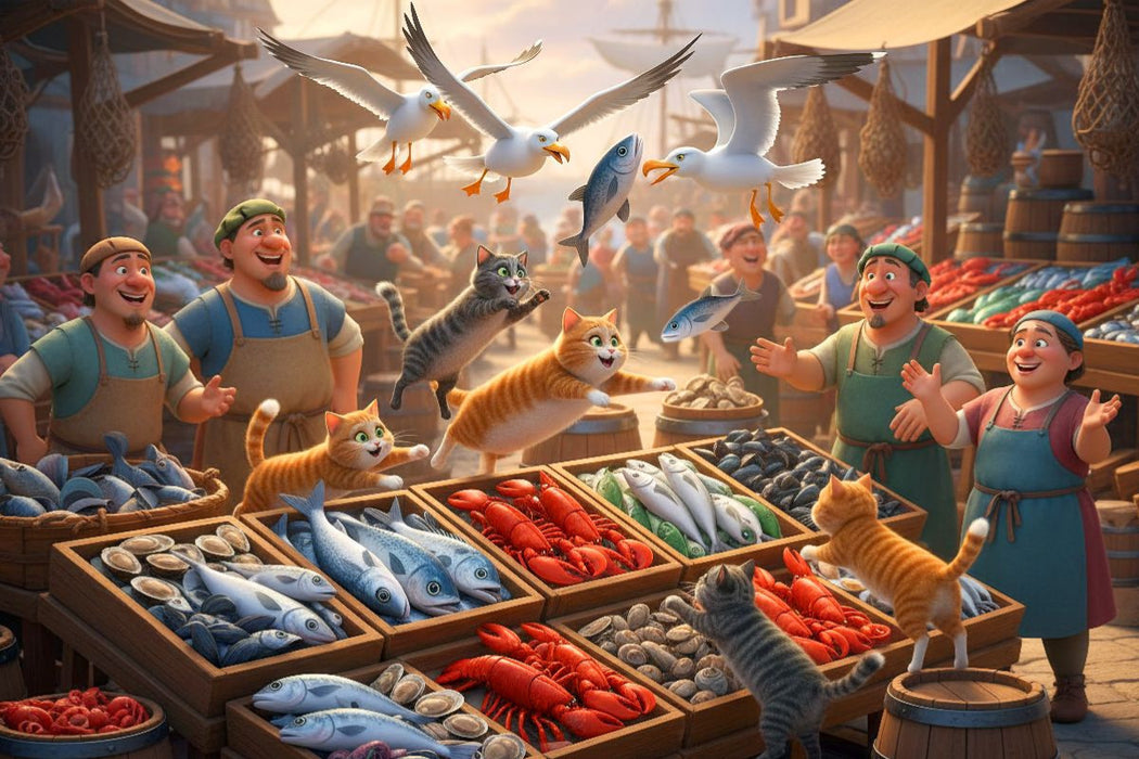 Premium Textil-Leinwand Fischfang mal anders - Katzen und Möwen auf dem Fischmarkt