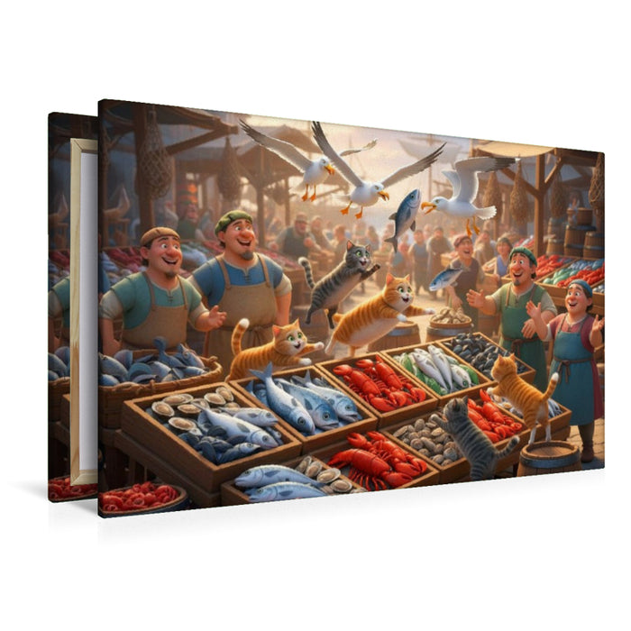 Premium Textil-Leinwand Fischfang mal anders - Katzen und Möwen auf dem Fischmarkt