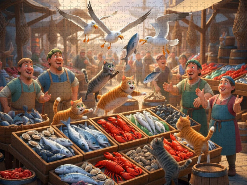 Fischfang mal anders - Katzen und Möwen auf dem Fischmarkt - CALVENDO Foto-Puzzle'