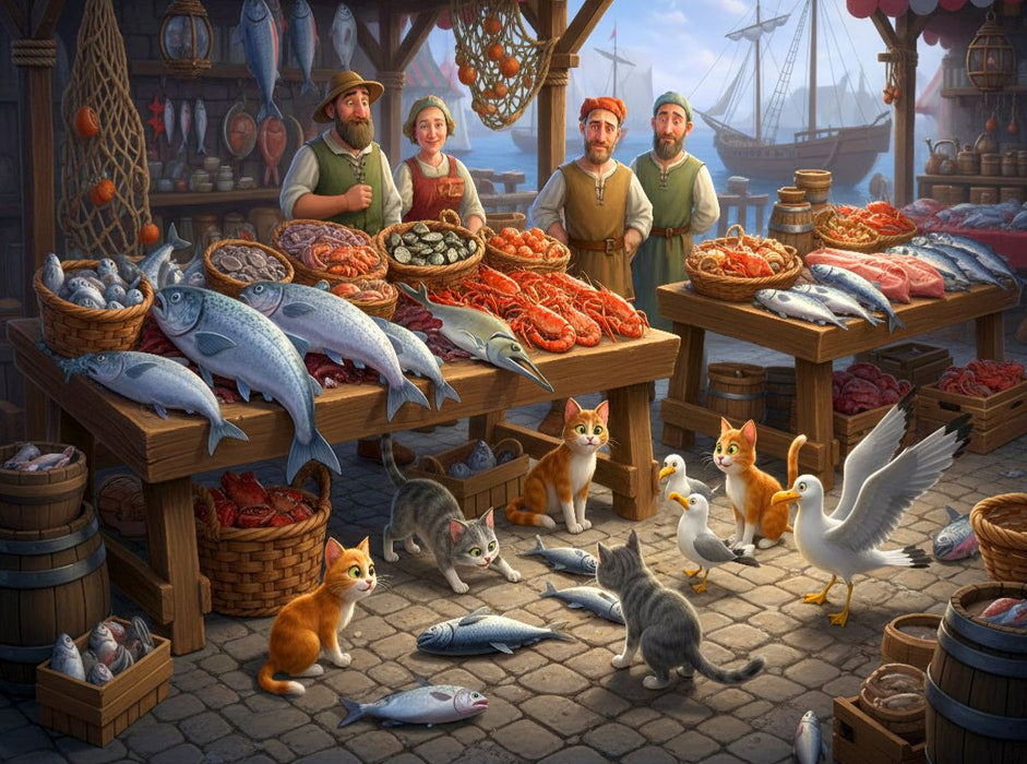 Guter Fang am Morgen - Katzen und Möwen am Fischmarkt - CALVENDO Foto-Puzzle'