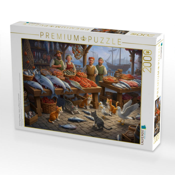 Guter Fang am Morgen - Katzen und Möwen am Fischmarkt - CALVENDO Foto-Puzzle'