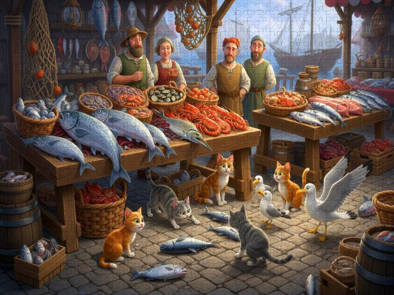 Guter Fang am Morgen - Katzen und Möwen am Fischmarkt - CALVENDO Foto-Puzzle'