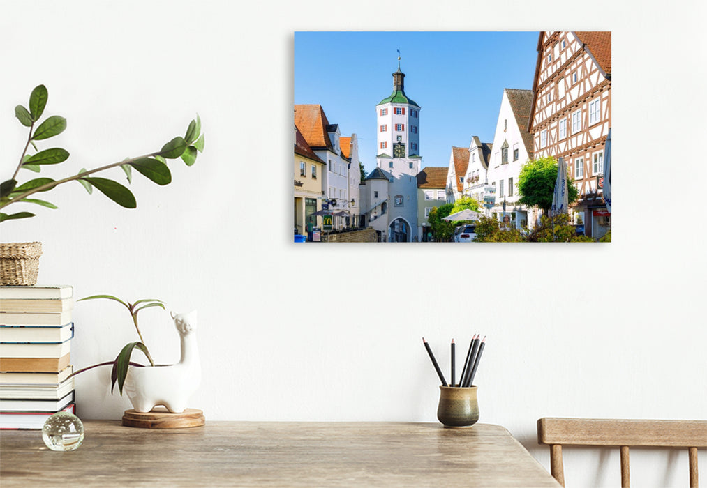 Premium Textil-Leinwand Günzburg: Marktplatz, Fachwerkhaus und Unteres Tor